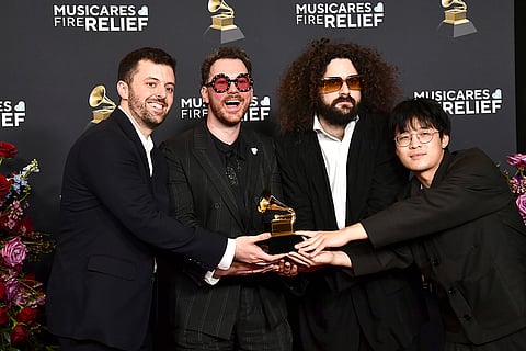 Rob Bisel, from left, Cian Ducrot, Jared Solomon, and Scott Zhang