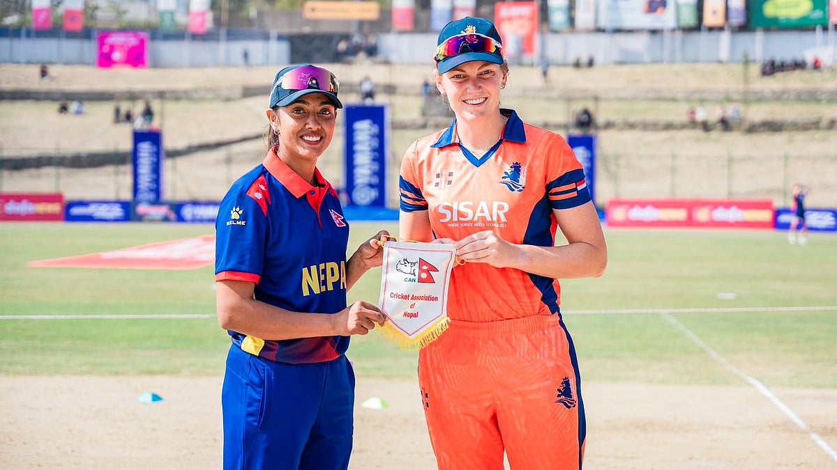 Photo: X/CricketNep : Nepal women's take on Netherlands women in match 7 of the T20I Tri-series.