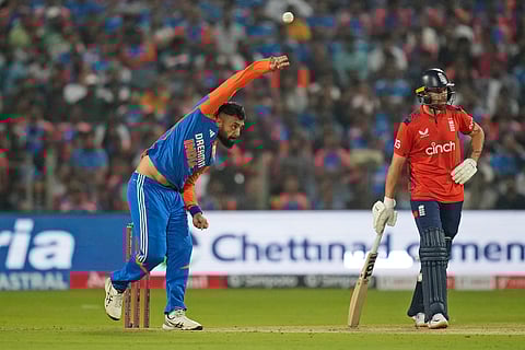 Varun Chakravarthy in action during the T20I series against England.
