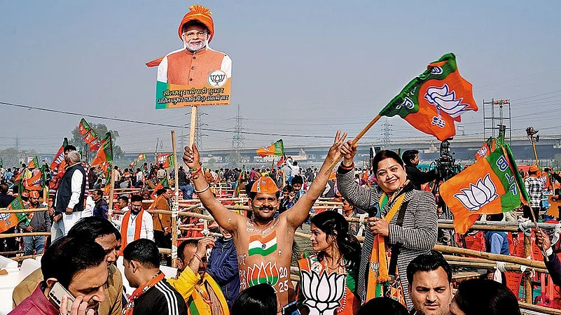 BJP supporters at Prime Minister Narendra Modi’s rally in East Delhi