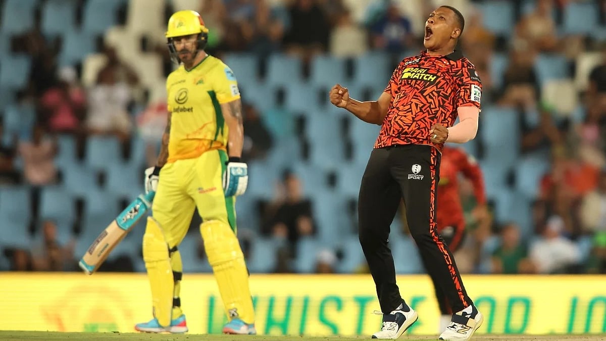 Photo: SA20 : Ottneil Baartman celebrates the wicket of Faf du Plessis during the Eliminator.