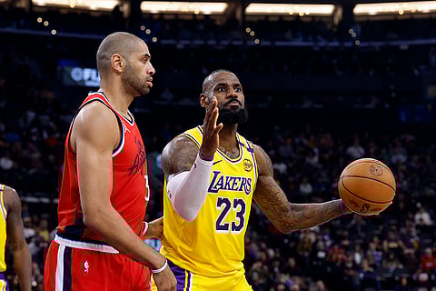 NBA 2024-25: Lakers forward LeBron James reacts after he is called with a foul
