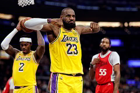 NBA 2024-25: Lakers forward LeBron James celebrates after scoring a basket