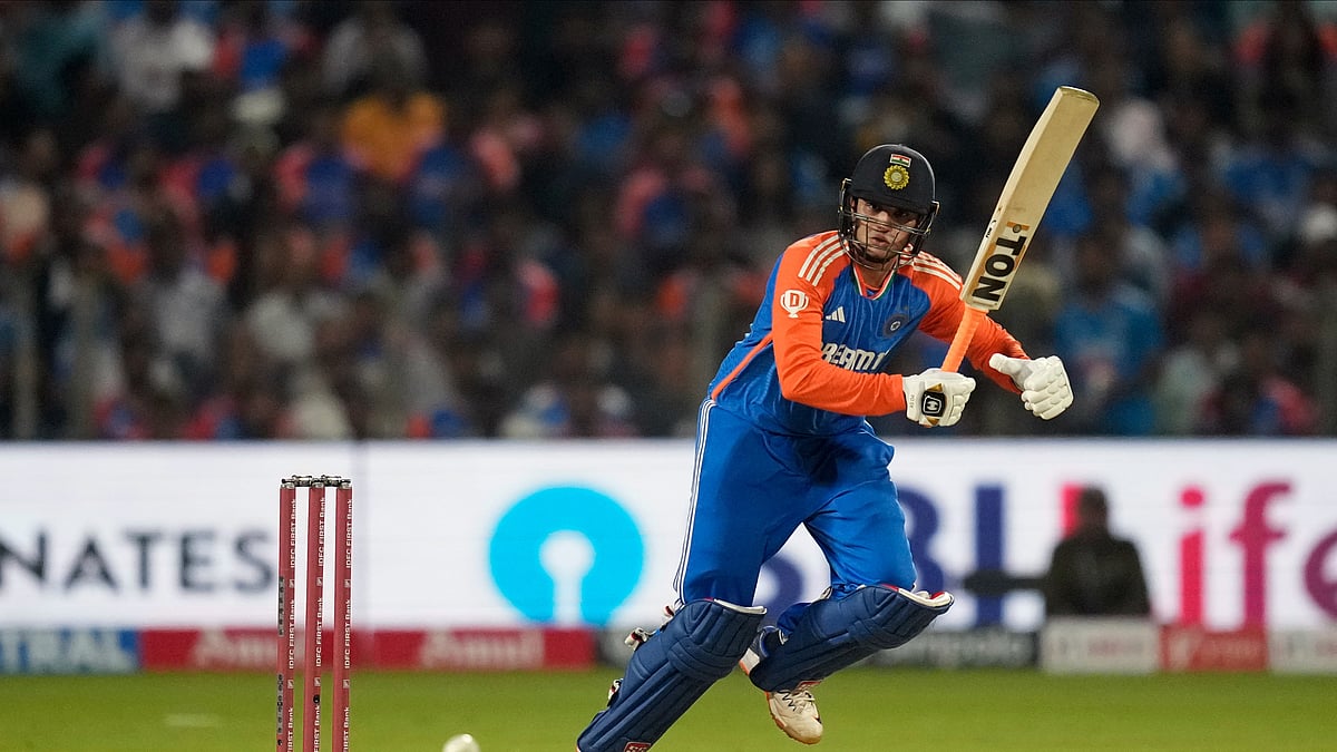 AP Photo/Rafiq Maqbool : India's Abhishek Sharma bats during the fourth T20 cricket match between England and India in Pune, India.