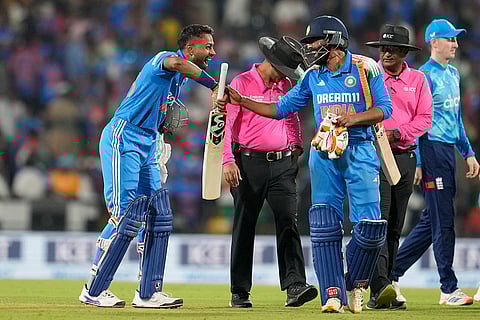 IND Vs ENG 1st ODI: India's Hardik Pandya shares a laugh with batting partner Ravindra Jadeja