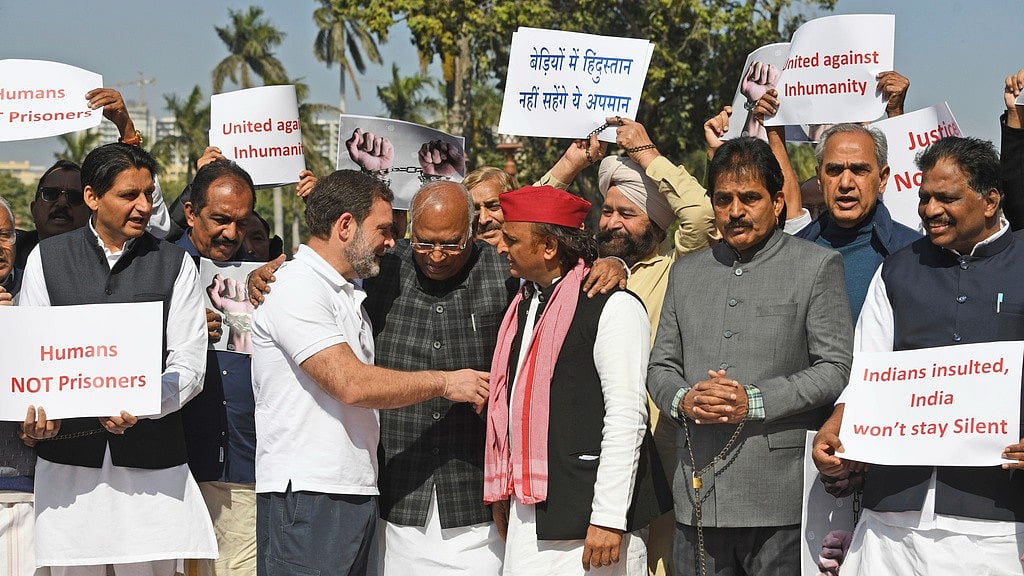 AP : India's opposition lawmakers, some of them wearing shackles, stage a protest outside the Parliament in New Delhi, to condemn the reported mistreatment of Indian immigrants during their deportation from the United States, Thursday, Feb.6, 2025.