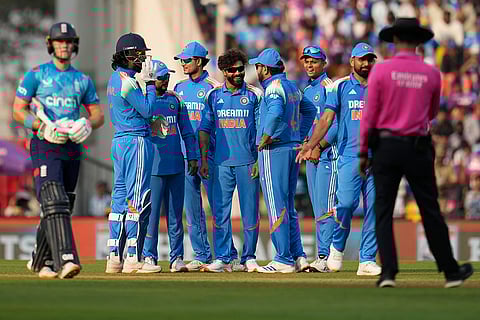 IND Vs ENG 1st ODI: India's Ravindra Jadeja celebrates with teammates after the dismissal of England's Jacob Bethell