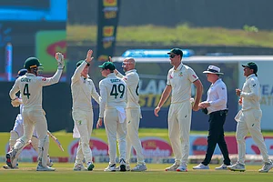 | Photo: AP/Lahiru Harshana : SL vs AUS 2nd Test Day 1: Australia's Nathan Lyon celebrates the wicket Sri Lanka's Pathum Nissanka