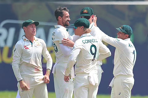 SL vs AUS 2nd Test Day 1: Australia's Mitchell Starc celebrates the wicket of Sri Lanka's Dhananjaya de Silva