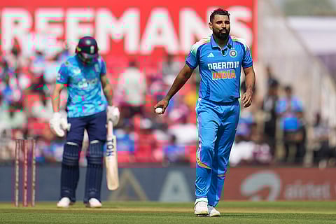 IND Vs ENG 1st ODI: India's Mohammed Shami reacts after bowling a delivery
