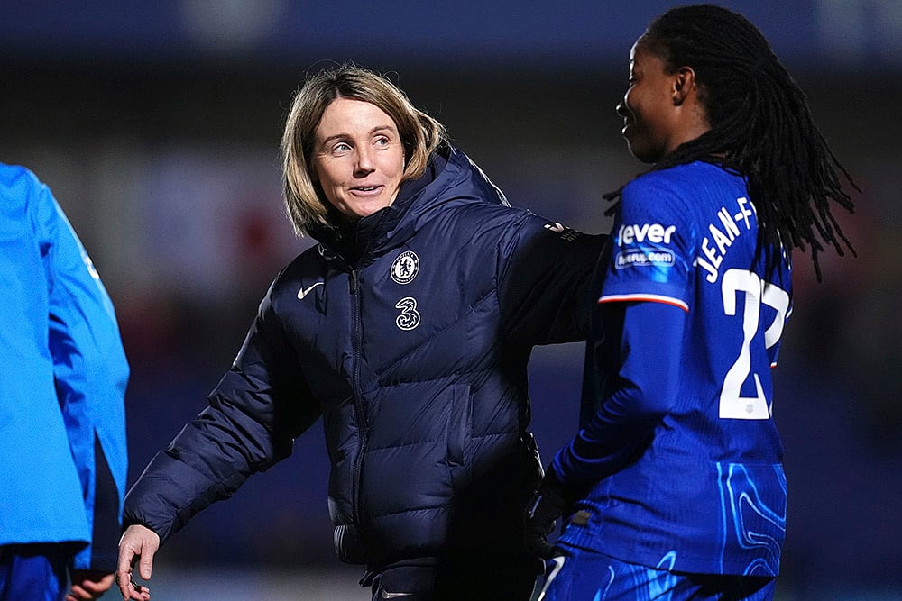 | Photo: Adam Davy/PA via AP : Women's League Cup Semi-Final: Chelsea manager Sonia Bompastor and Oriane Jean-Francois