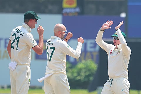 SL vs AUS 2nd Test Day 1: Australia's Nathan Lyon celebrates the wicket of Sri Lanka's Dimuth Karunaratne