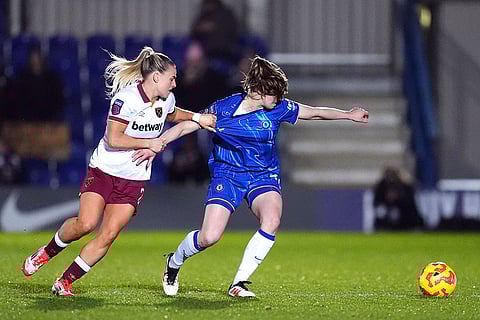 Women's League Cup Semi-Final: West Ham United's Kirsty Smith, left, and Chelsea's Niamh Charles battle for the ball