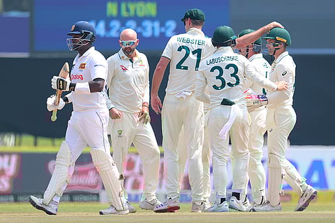 SL vs AUS 2nd Test Day 1: Australia's Nathan Lyon celebrates the wicket of Sri Lanka's Angelo Mathews