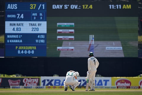 SL Vs AUS 2nd Test Day 2: Australia's Marnus Labuschagne, left, reacts as he was ruled out