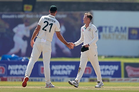 SL Vs AUS 2nd Test Day 2: Australia's Matthew Kuhnemann celebrates the wicket of Sri Lanka's Lahiru Kumara