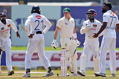 SL Vs AUS 2nd Test Day 2: Sri Lanka's Prabath Jayasuriya, right, and others appeal for the wicket of Steven Smith