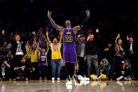 NBA 2024-25: Lakers forward LeBron James celebrates with fans