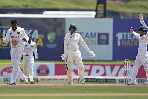 SL Vs AUS 2nd Test Day 2: Sri Lanka's Nishan Peiris celebrates the wicket of Australia's Usman Khawaja