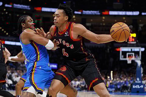 NBA 2024-25: Raptors forward Scottie Barnes (4) drives against Thunder forward Jalen Williams