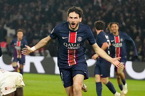 Ligue 1: Khvicha Kvaratskhelia celebrates after scoring PSG's second goal
