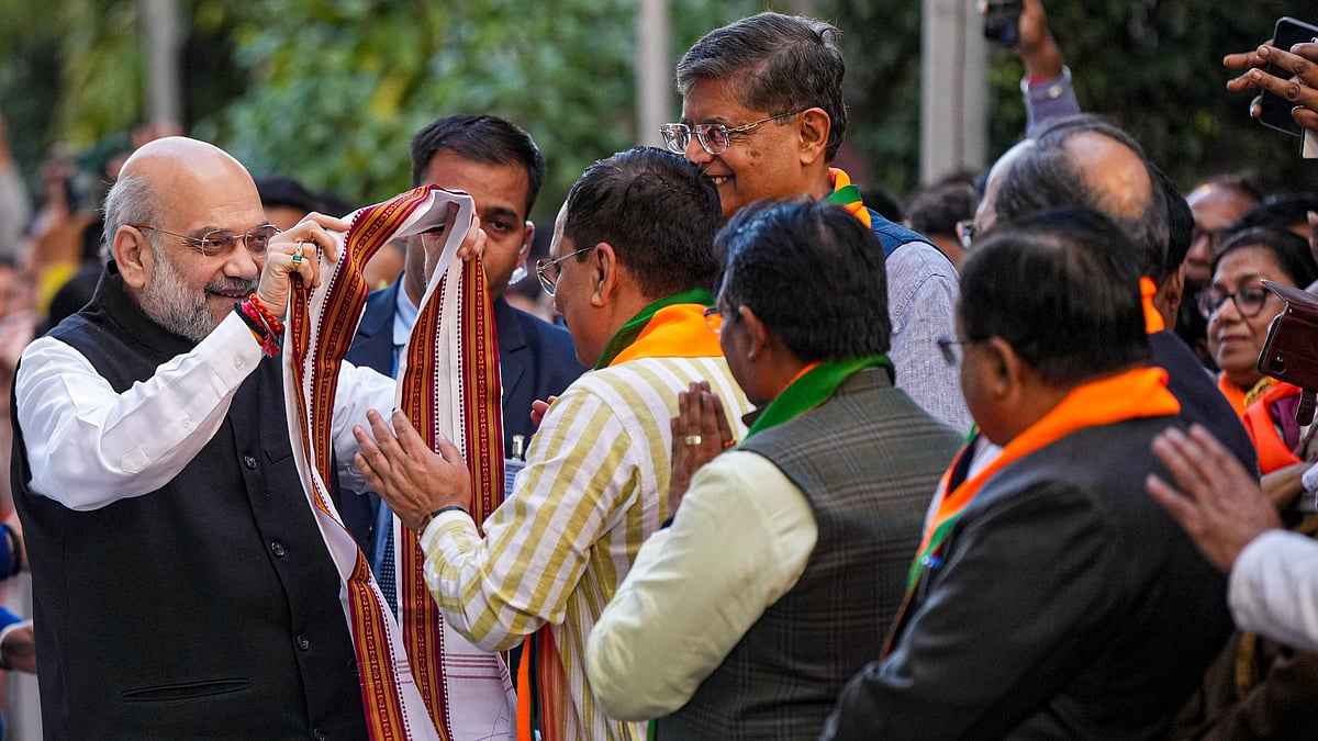 BJP celebrating at party headquarters.