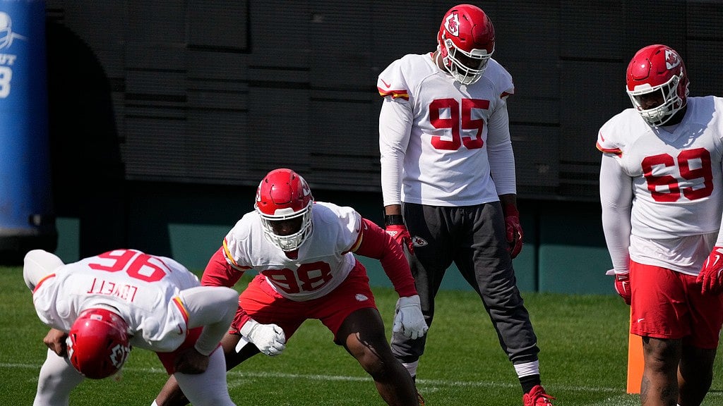 AP : Kansas City Chiefs defensive tackle Chris Jones (95) stretches during an NFL practice session in New Orleans.