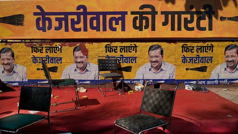 Empty chairs lie around Aam Aadmi Party (AAP) office as the party trails in Delhi state election in New Delhi, India, Saturday, Feb. 8, 2025. - AP/Manish Swarup