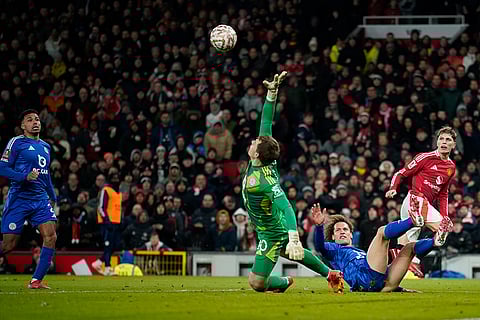 FA Cup: Man United's Alejandro Garnacho looks as Leicester's goalkeeper Mads Hermansen challenges