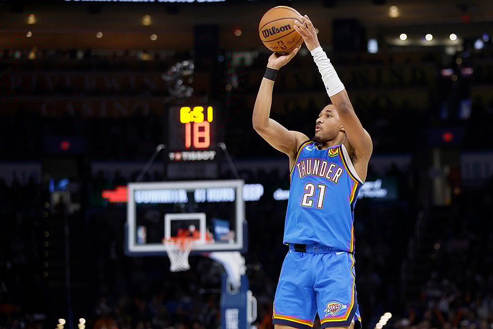 | Photo: AP/Nate Billings : NBA 2024-25: Thunder guard Aaron Wiggins looks to shoot
