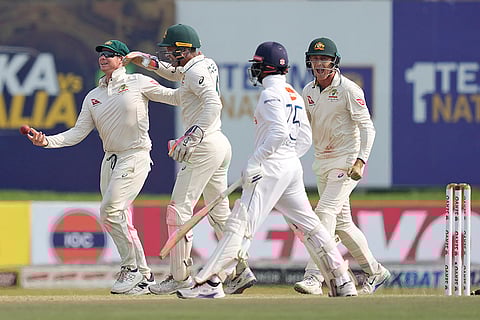 SL Vs AUS, 2nd Test Day 3: Steven Smith celebrates taking a catch to dismiss Sri Lanka's Dhananjaya de Silva