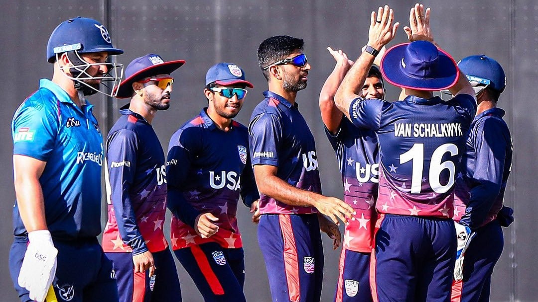 X/USA Cricket : United States of America celebrate a Namibia wicket.