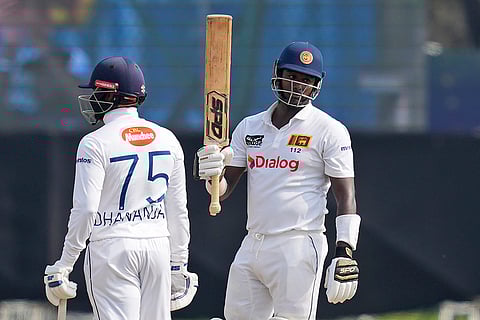 SL Vs AUS, 2nd Test Day 3: Sri Lanka's Angelo Mathews celebrates his fifty runs
