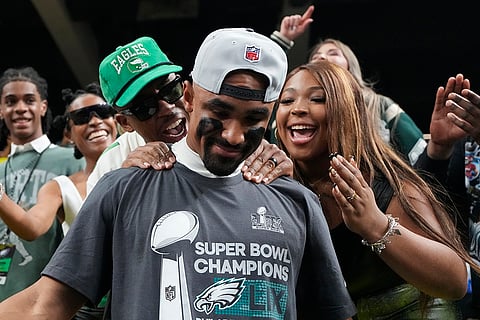 NFL Super Bowl 59 football, Eagles vs Chiefs: Eagles quarterback Jalen Hurts celebrates with family