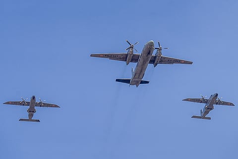15th Aero India Air show: Drona formation by AN-32 flanked by DO-228 planes