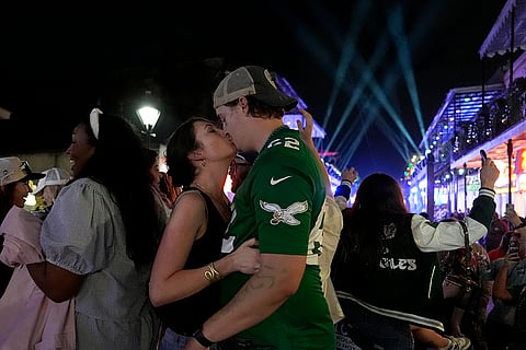 NFL Super Bowl 59 football, Eagles vs Chiefs: Philadelphia Eagles fans celebrate in the French Quarter