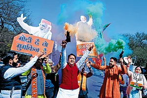 | Photo: Tribhuvan Tiwari : Back After 27 Years: Supporters of the BJP celebrating outside the party office in Delhi