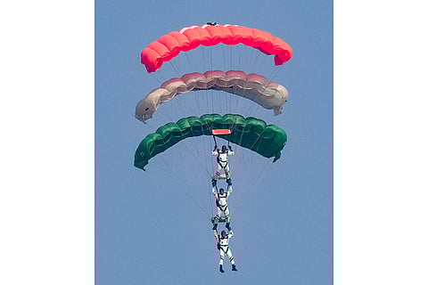15th Aero India Air show: Air Force's sky diving team 'Akash Ganga' performs