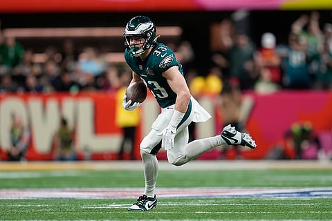 NFL Super Bowl 59 football, Eagles vs Chiefs: Eagles defensive back Cooper DeJean (33) runs for a touchdown