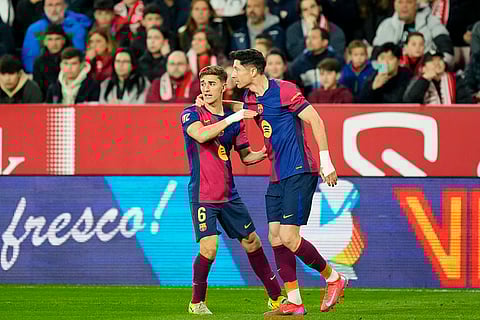 La Liga 2024-25: Barcelona's Robert Lewandowski celebrates with Gavi after scoring the opening goal