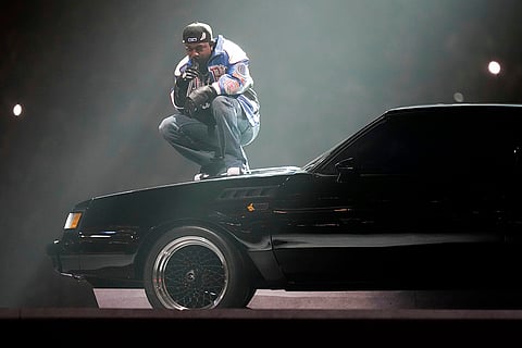 NFL Super Bowl 59 football, Eagles vs Chiefs: Kendrick Lamar performs during halftime