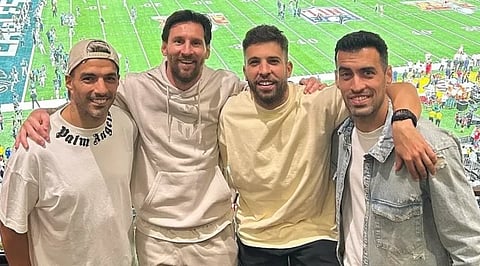 Lionel Messi (c) with his Inter Miami stars at the Super Bowl LIX