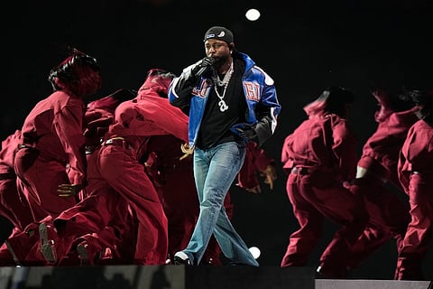 Kendrick Lamar performs during halftime of the NFL Super Bowl 59 football game between the Kansas City Chiefs and the Philadelphia Eagles.
