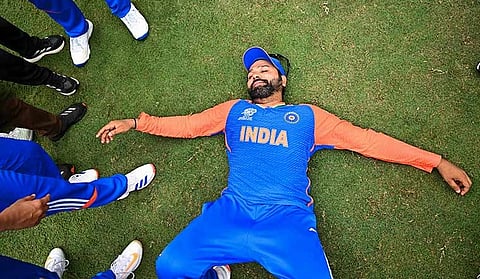 Indian T20 captain Rohit Sharma celebrates after winning the T20 WC.
