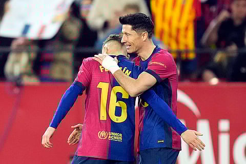 La Liga 2024-25: Robert Lewandowski congratulates Fermin Lopez after he scored their side's second goal 