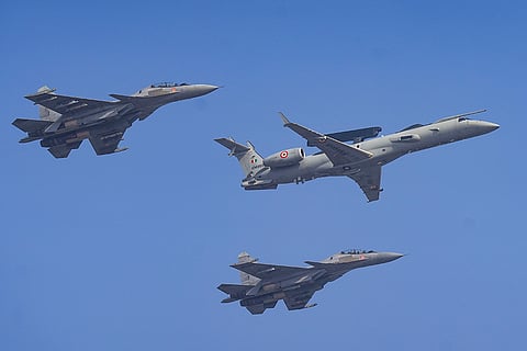 15th Aero India Air show: Netra formation by Embarer-145 flanked by SU-30 planes