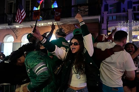 NFL Super Bowl 59 football, Eagles vs Chiefs: Eagles fans celebrate after the NFL Super Bowl 59 football game