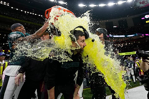 Super Bowl LIX, Eagles vs Chiefs: Eagles head coach Nick Sirianni is dunked by teammates