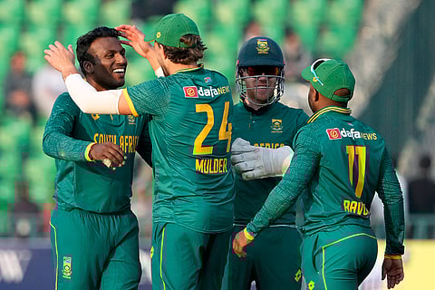 Pakistan Tri-Series Cricket Match 2, NZ Vs SA: South Africa's Senuran Muthusamy celebrates after taking the wicket of New Zealand's Daryl Mitchell