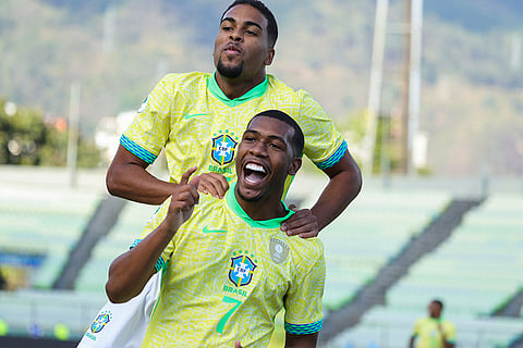 CONMEBOL U20 Championship: Brazil's Rayan (7) celebrates with Gustavo Prado after scoring his side's second goal